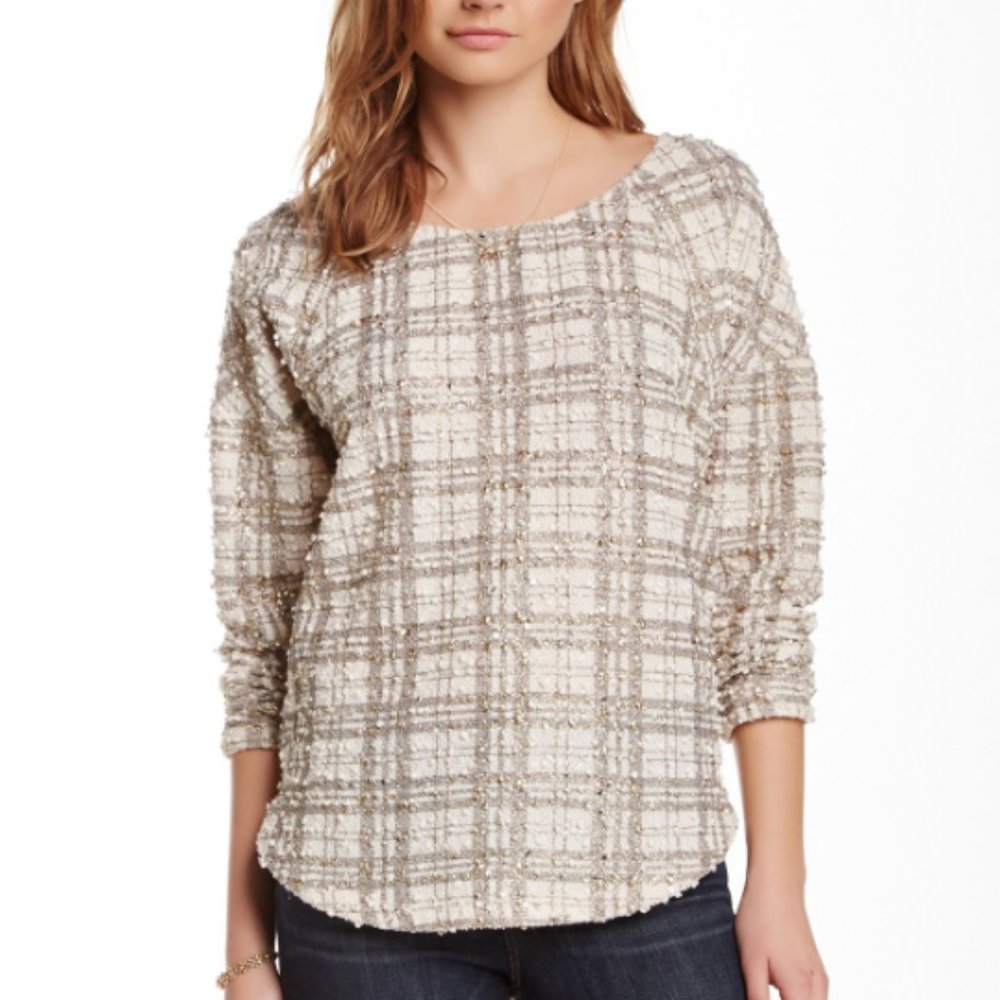 Anthro JOA Metallic Plaid Textured Sweater